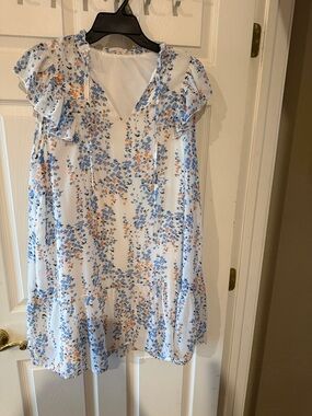 White Floral Ruffle Sleeveless Dress - Blue & Orange Print
